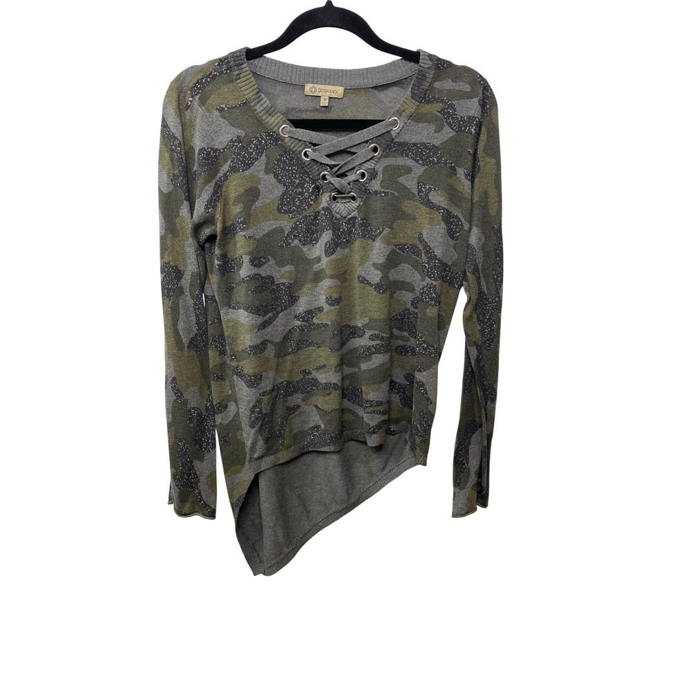 Democracy Womens Camo Glitter Lace Up Asymmetrical High Low Sweater Green Gray M